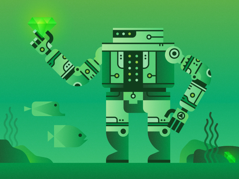 Robot Treasure Hunter science fiction robot underwater fish deep sea gem treasure green illustration character sci-fi technology