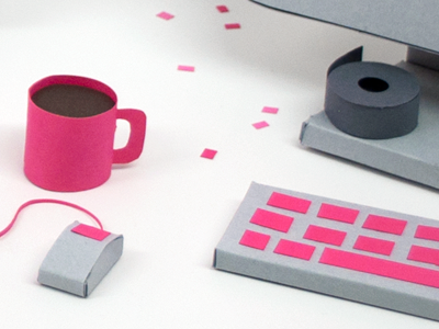 Paper Office Setting coffee cup cut paper duct tape glitter illustration keyboard mouse office