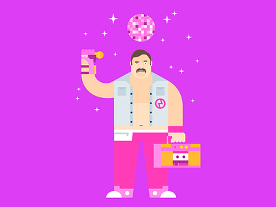 My halo is a disco ball! 1980s andy d boombox denim jacket disco ball fanny pack illustration large man magic mustache pink power glove sparkles vector