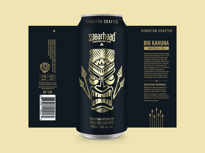 Big Kahuna Imperial IPA ale beer branding brewery can craft beer gold hawaiian ipa packaging premium spear spearhead tiki