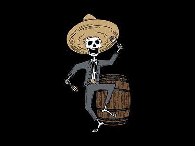 Hard Way Cider Illustration—Loco Blanco anejo branding cider dancing day of the dead hand drawn hard cider illustration label label design maracas mariachi mariachi band package design packaging skeleton tequila wood cut