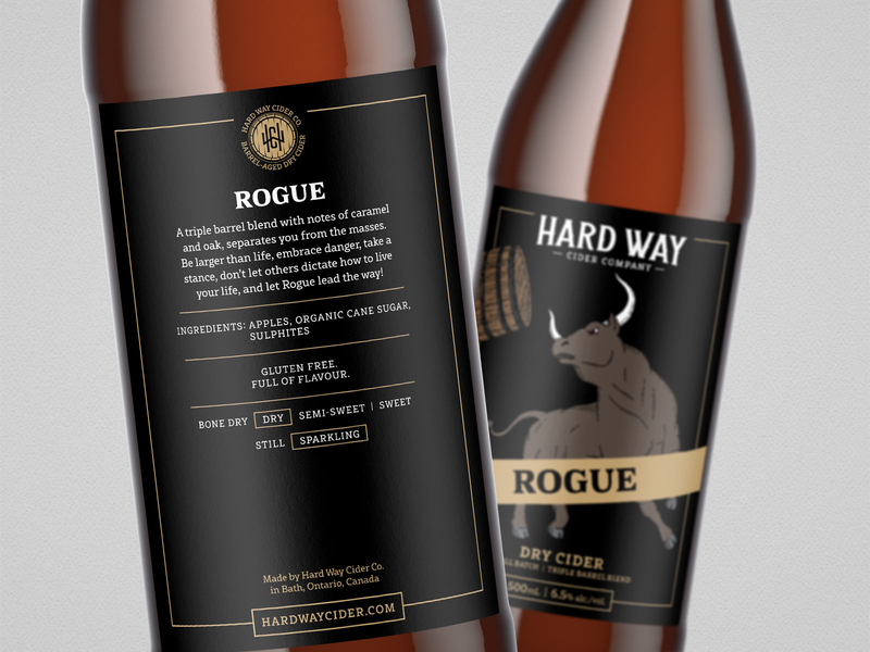 Rogue // Hard Way Cider barrel bottle brand design branding bull cider fierce hand drawn hard cider illustration label design packaging packaging design rogue typography wood cut