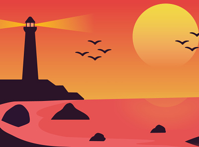 lighthouse design flat illustration illustrator landscape light lighthouse minimal mountain sunset sunset illustration vector