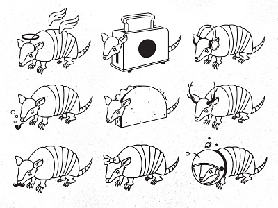 Armadillos angel antlers armadillo bow bubbles headphones mustache space taco toaster