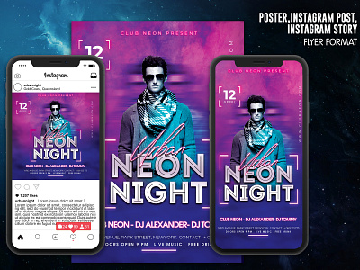 Neon Night Party Flyer artistic club concert dance music dj dubstep electro electronic event festival flyer futuristic instagram post light neon nightclub nyc psd rave web design