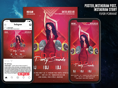 Red Club Party Sounds Flyer Template artistic club concert dance music dj dubstep electro electronic event festival futuristic instagram post light nightclub nyc party sound psd rave sound summer