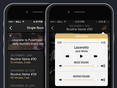 PulseTread Music & Routine Player app dark exercise fitness ios iphone itunes music player routine treadmill ui