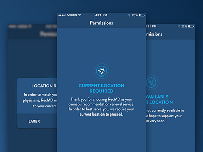 App Location Permission, Various States alert cannabis dark ui design interface ios location mobile recommendation renewal ui