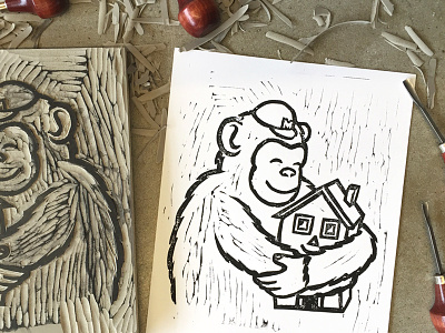 Freddie hugs a house chimp house illustration linocut printmaking texture