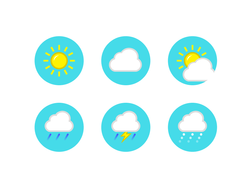Weather icons circular round rain snow cloud thunder lightning sun graphic design icons weather