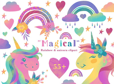 "Magical" Unicorn & rainbow Clipart cliparts design drawing illustration illustration art unicorn unicorn illustration