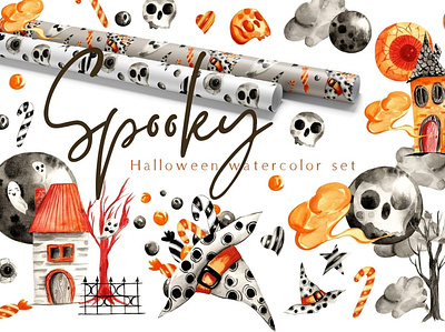 Halloween Watercolor Illustration and papers boo halloween halloween art halloween clipart halloween design halloween graphic halloween illustration pattern seamless pattern surface design surface pattern textile design watercolor