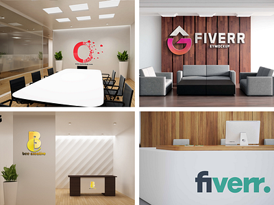 Realistic office interior branding logo mockups