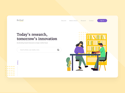 Refind - Header UI design articles books branding clean himanshu phanda illustration logo minimal reading search bar typogaphy ui ui design uiux ux vector web design website whitespace yellow