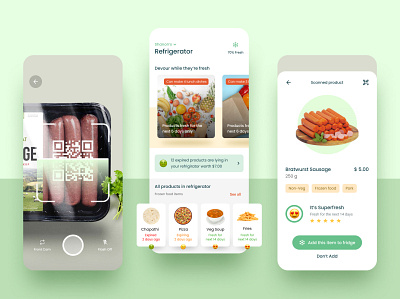 Life of food in smart refrigerators dishes dsahboard food home mobile app product design recipies scanner screen smart device suggestion ui ux visual design