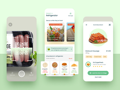 Life of food in smart refrigerators dishes dsahboard food home mobile app product design recipies scanner screen smart device suggestion ui ux visual design