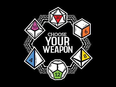 Choose Your Weapon 2d board game critical role d20 design dice dice weapon dm dnd dungeons and dragons fantasy geek logo magic nerd roll initiative