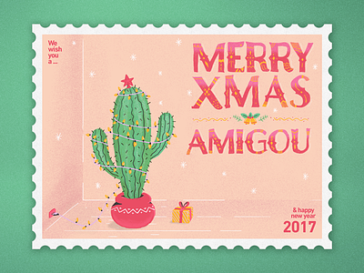 Merry Xmas Amigou! cactus card christmas gift holiday illustration stamp xmas