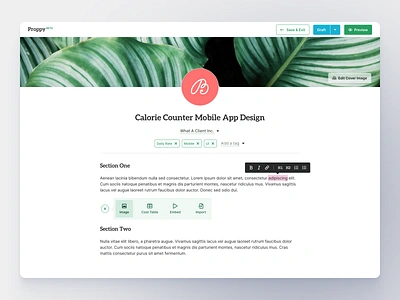 Proppy - Editor blocks branding builder clean cover create custom document editor formatting freelancer proposal text ui ux website writing wysiwyg