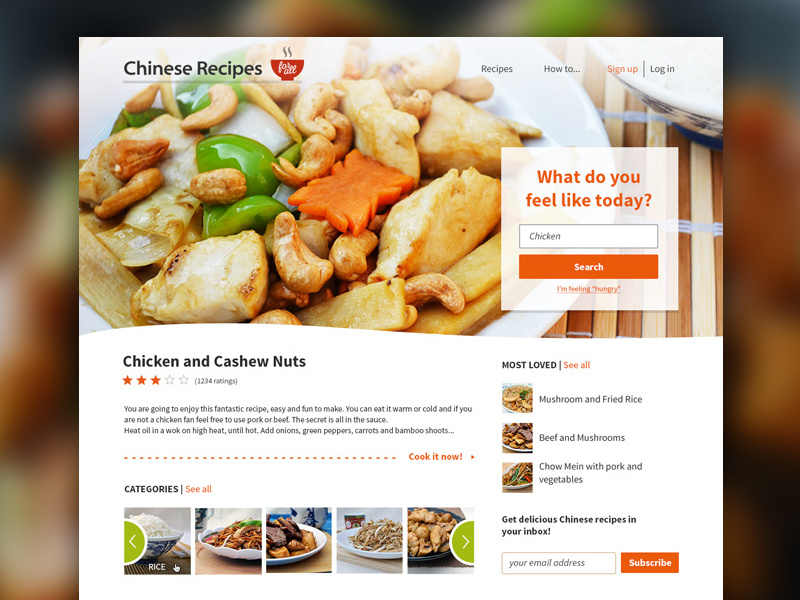 Chinese Recipes for All - Home chinese recipe clean ui ux search rating slider categories photo food cooking