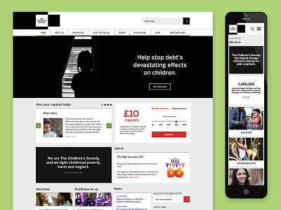 The Children's Society digital rebrand black and white charity donate flat fundraising interface minimal rebrand responsive ux website young