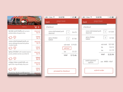 Paycrave menu and a few checkout screens bloc mobile app paycrave payment app red