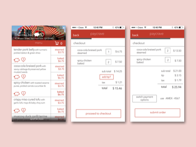 Paycrave menu and a few checkout screens