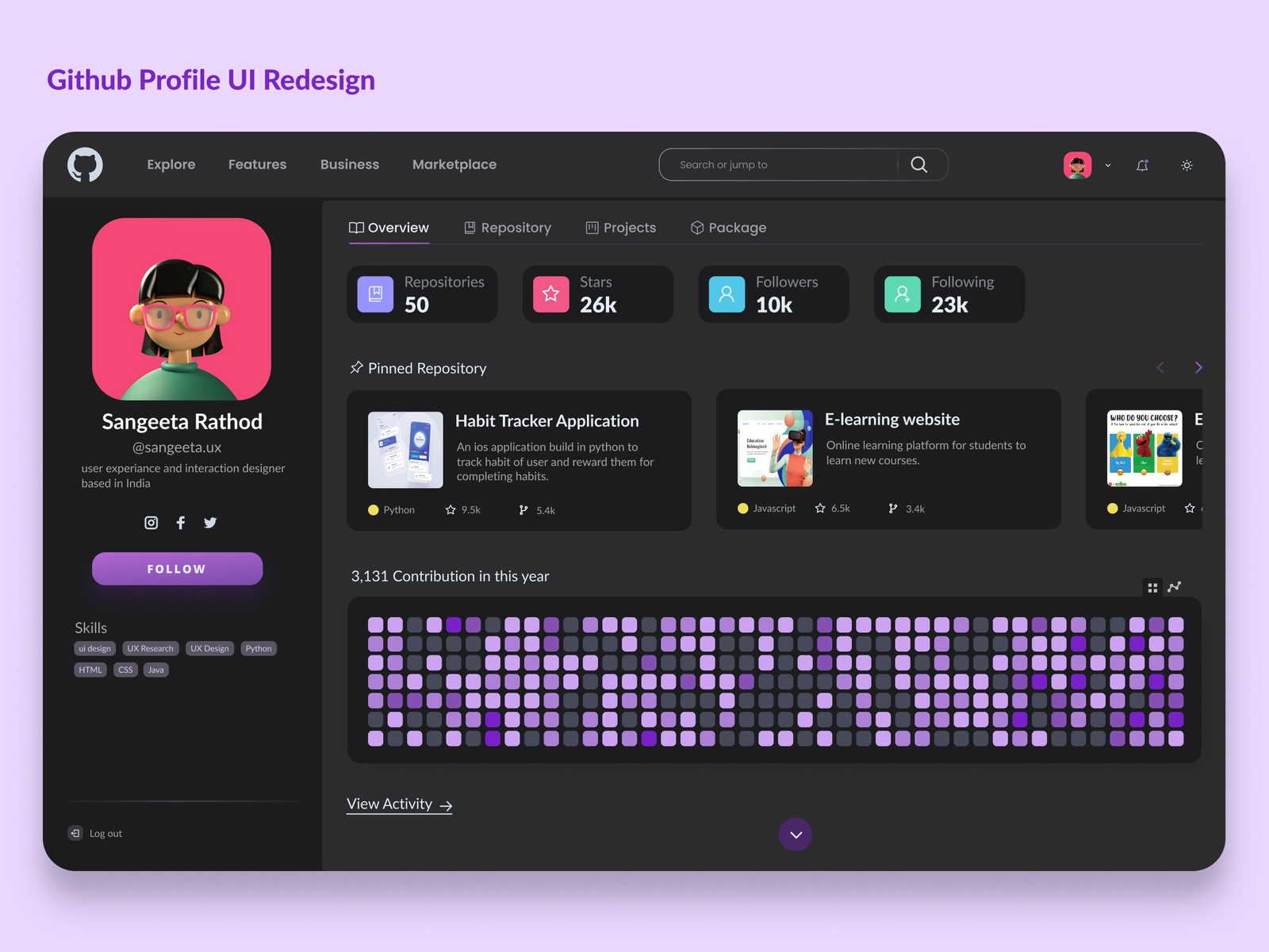 Github profile UI redesign by Sangeeta Rathod on Dribbble