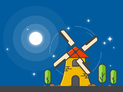 Windmill in the Night Sky illustration moon night sky windmill