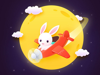 bunny cloud fly illustration moon night rabbit