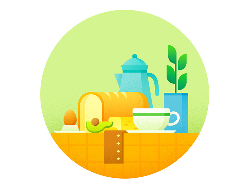 Breakfast avocado cup teapot cheese plant egg bread breakfast flat illustration
