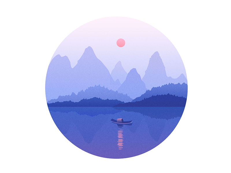 清晨 boat color flat illustration landscape mountain sunrise