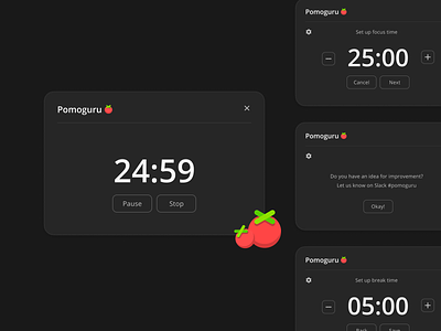 Pomoguru app - now ready for night owls 25 app dark mode hackathon pomodoro slack app time management ui