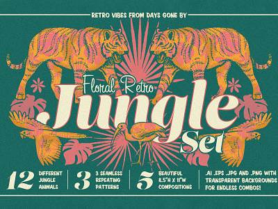 Floral Retro Jungle Set animal creative market graphic design illustration jungle retro tropical vector set vintage