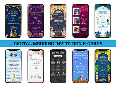 Digital Wedding Invitation Cards design digital cards digital illustration digital invitation ecard illustration mockup savethedate vector