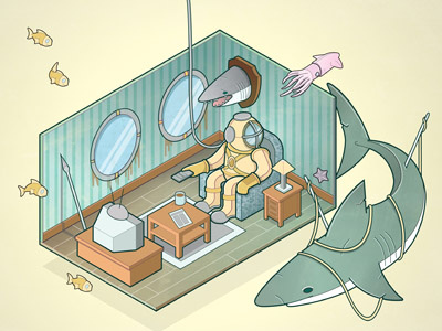 Illville Hotel Submission diver fish harpoon hotel illustration illville isometric room shark squid swim television