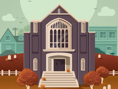 The Embassy building church fall grave halloween house illustration moosylvania pumpkin tombstone tree