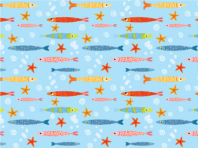Cute Sardine Pattern cute decorative fish illustration ocean ornament pattern sardine sea seamless starfish swirl