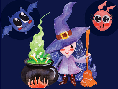 Halloween Watercolor bat broom character cute fly halloween watercolor witch witchcraft