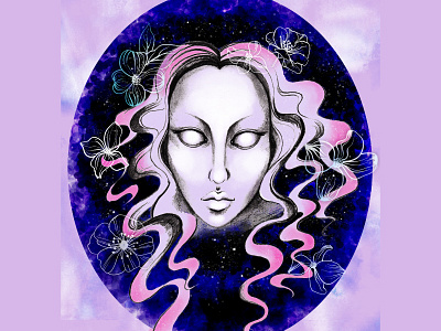Cold Night dream eyes flower hair illustration night sky star woman