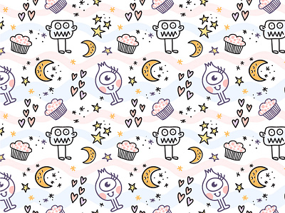 Doodle Pattern with Moon cake cute doodle heart monster moon muffin night pattern star