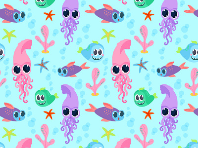 Squid pattern bubble cartoon character ocean pattern sea seamless squid summer