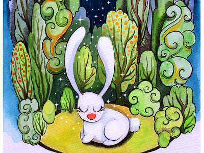 Forest Reverie bunny cute cute animal dream forest nature night rabbit reverie star tree watercolor woods