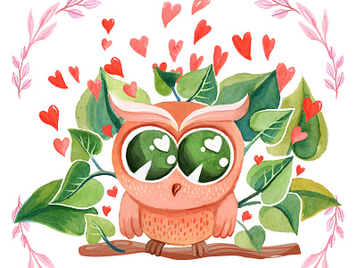 Valentine's Day card bird illustration card character cute heart love love birds owl valentine watercolor watercolour watercolour painting