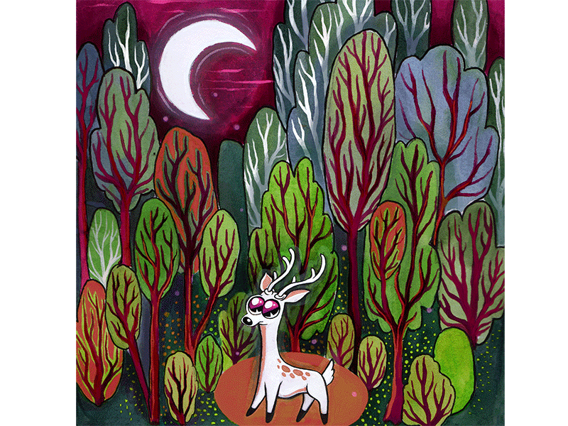 Night of the Fireflies cute deer firefly forest gif. illustration magic moon nature night painting tree woods