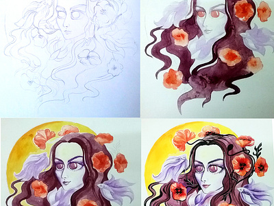Process betta splendens draw fish flower girl paint painting poppy process watercolor watercolor painting woman
