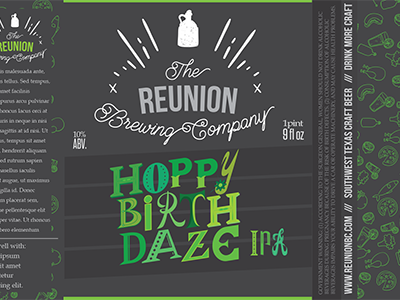 Hoppy Birth Daze beer black craft beer graphic design green grey hops label lettering reunion typography