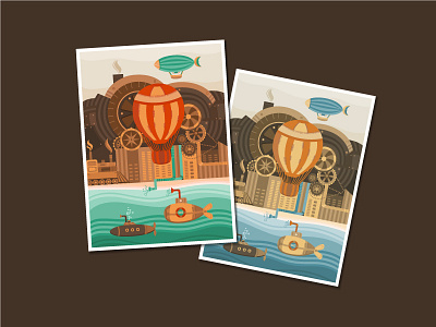 Steampunk postcards airship balloon card falt illustration mail postcard retro steampunk style vector vintage