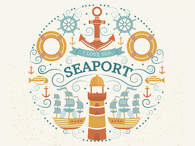 Seaport illustration fish helm illustration marine retro sea seaport ship vintage