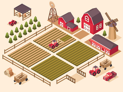 Farm - isometric illustration 3d barn farm farmhouse farming house illustration isometric isometry landscape tractor windmill